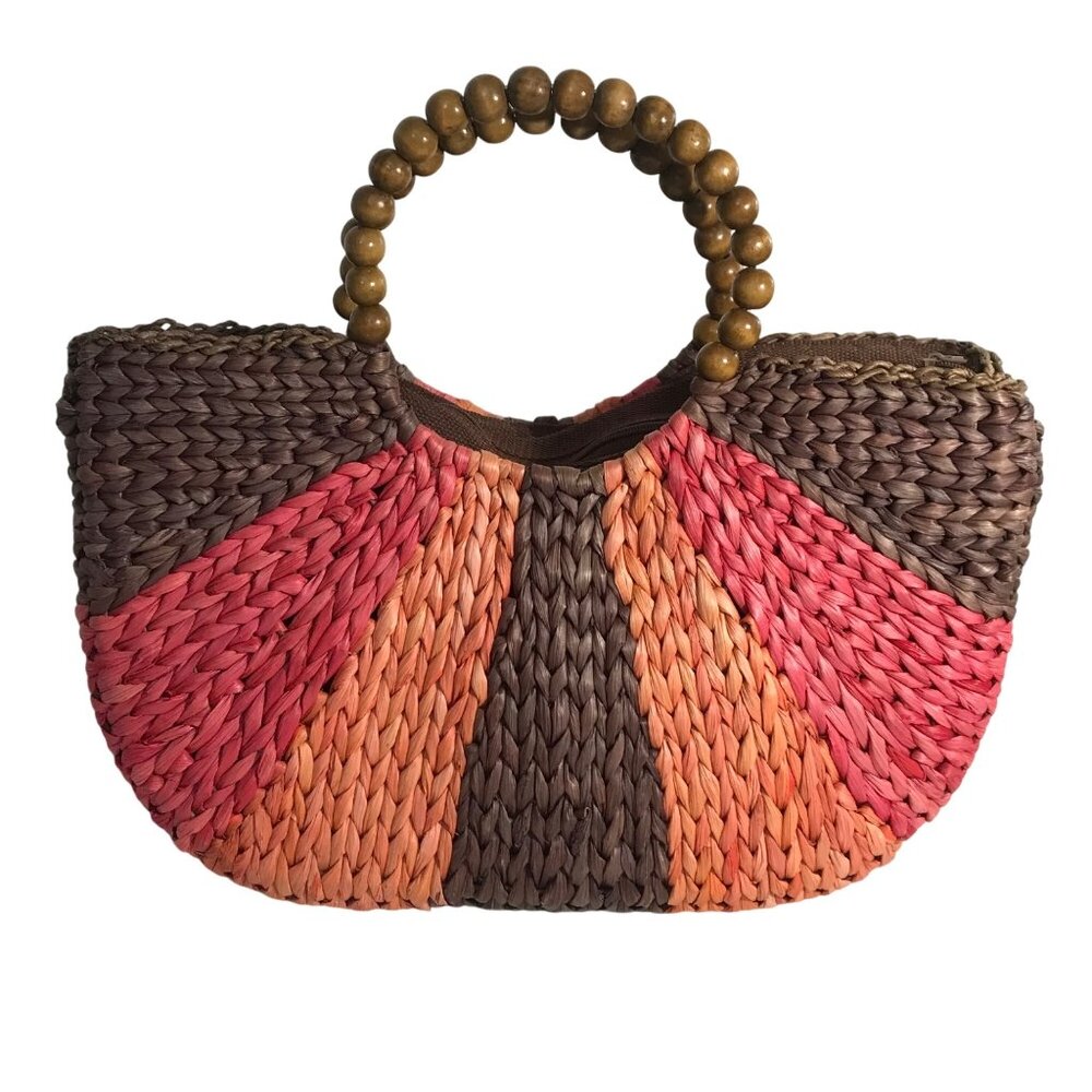 Giannetti Woven Handbag Cornhusk Wooden Beaded Handles Multicolor Stripes Lined